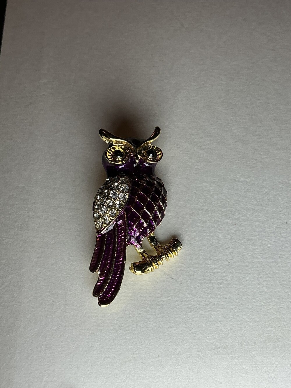 Owl Brooch Purple Enamel Rhinestone Gold-Tone Pin